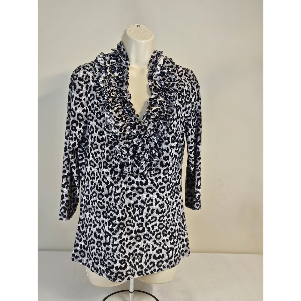 Isabella Rodriguez Leopard Print Ruffle VNeck Blouse Grey Black 3/4 Sleeve Small